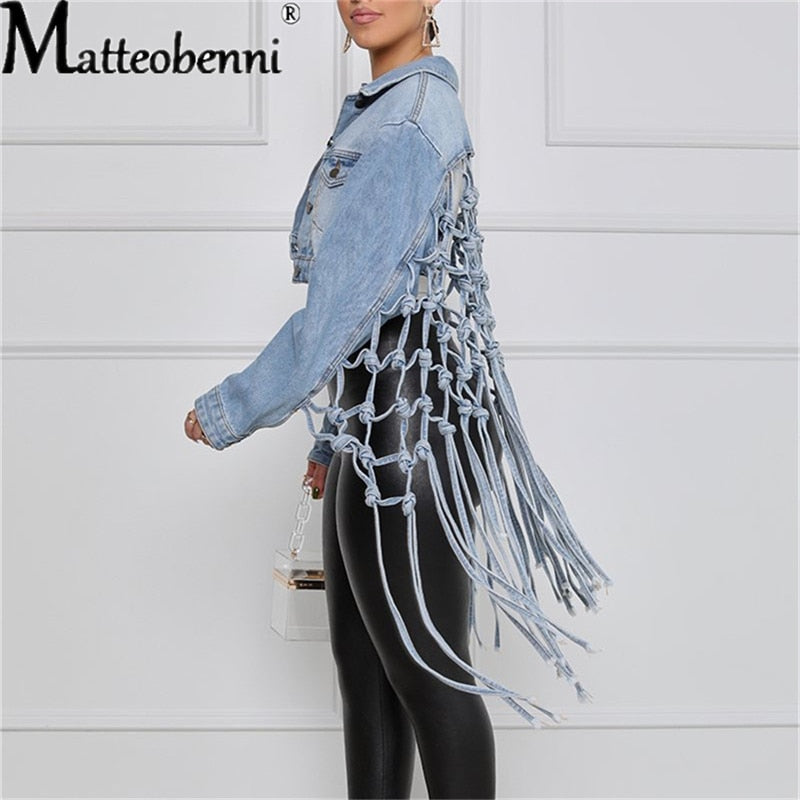 Womens Autumn 2021 New Fit Crop Tops Back Grid Tassel Design Long Sleeve Jean Coat Ladies Casual Street Plus Size Denim Jacket
