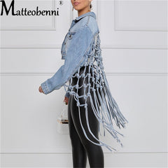 Womens Autumn 2021 New Fit Crop Tops Back Grid Tassel Design Long Sleeve Jean Coat Ladies Casual Street Plus Size Denim Jacket
