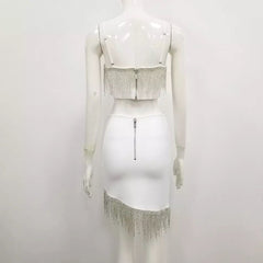 High Quality White Black Sparkly Tassel Two Pieces Set Weaving Rayon Bandage Dress Elegant Club Party Dress Vestidos