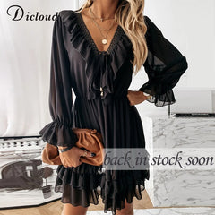 DICLOUD Sexy Lace Women&#39;s Party Dress Elegant Long Sleeve Ruffle Chiffon White Dress Summer V Neck Ladies Wedding Clothing 2021