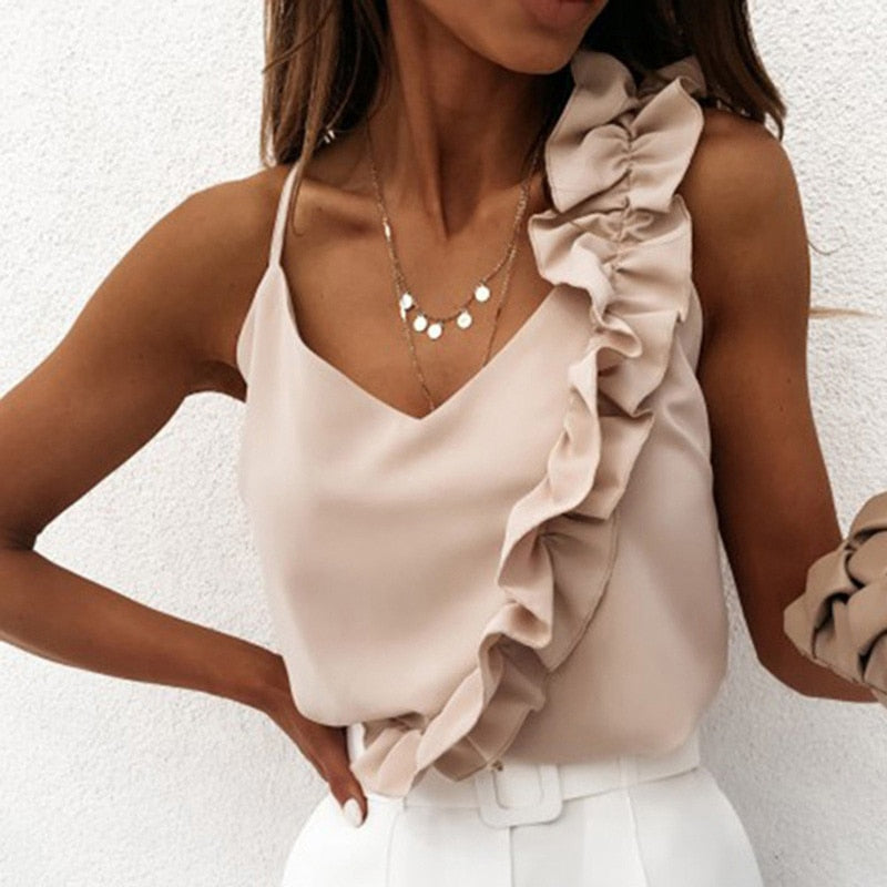Women Summer Blouses and Shirts Sexy V Neck Ruffles Tops Elegant Backless Strap Office Ladies Sleeveless Casual Solid Blouse