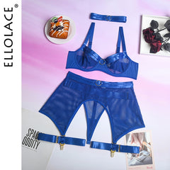 Ellolace Four-Piece Set Erotic Lingerie Transparent Bra Kit Push Up See Through Lace Langerie Mesh Seamless Underwear Garters
