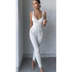 Black White sleeveless Weaving Rayon Bandage Jumpsuit