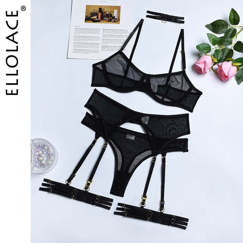 Ellolace Set Woman 4 Pieces Sexy Erotic Lingerie Underwear Bra Garters Brief Sets Transparent Lace Seamless Blue Setup Ladies