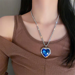 Blue Heart Crystal Necklace Long Chain Pendant Necklace