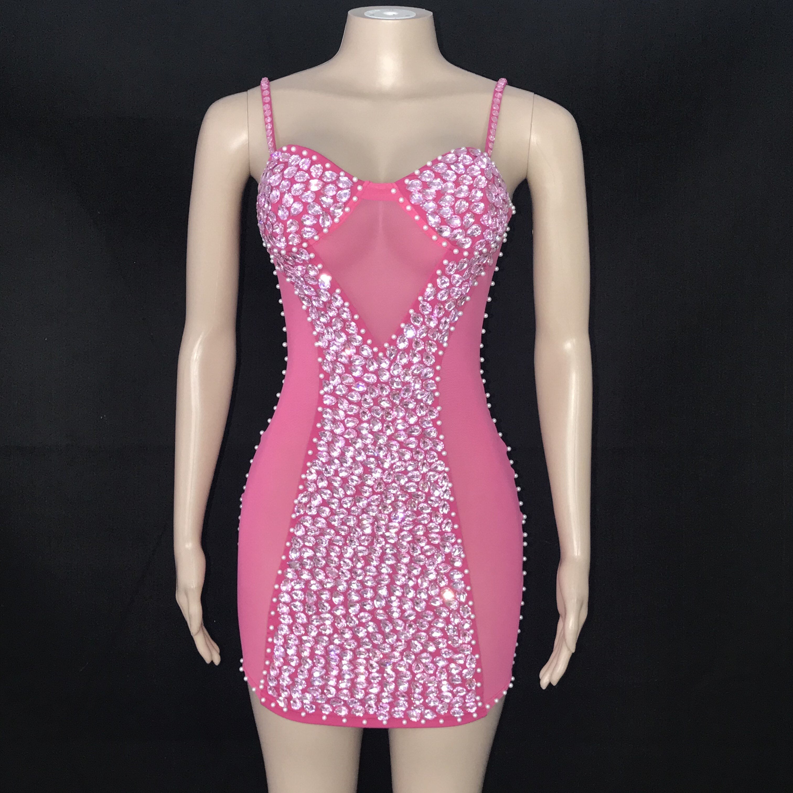 Glisten Pearls Silver Stones Mesh Dress Women Singer Stage Wear Transparent Evening Birthday Party Sexy Short Dress