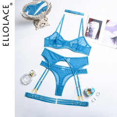 Ellolace Set Woman 4 Pieces Sexy Erotic Lingerie Underwear Bra Garters Brief Sets Transparent Lace Seamless Blue Setup Ladies