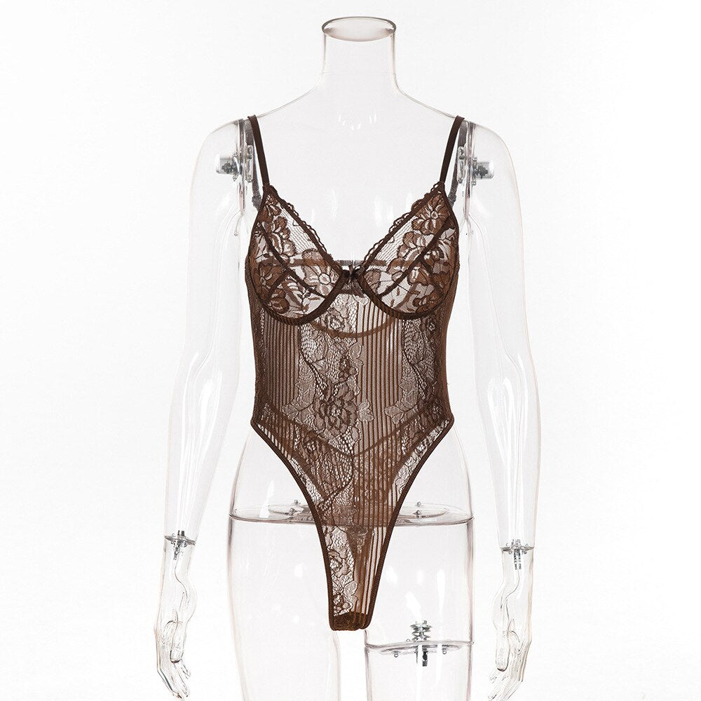 Yimunancy Floral Sheer Lace Bodysuit Women Backless Transparent Mesh Bodysuit Bow Sexy Bodysuit Ladies Cut Out Strap Jumpsuit