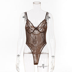 Yimunancy Floral Sheer Lace Bodysuit Women Backless Transparent Mesh Bodysuit Bow Sexy Bodysuit Ladies Cut Out Strap Jumpsuit