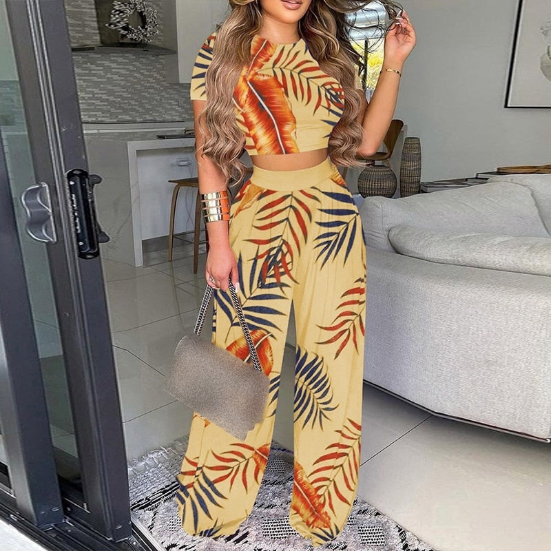 Summer Women Two Piece Sets Elegant Print Office Lady Outfits Elegant O Neck Short Sleeve Shirt Pullover + Wide Leg Pants Suits