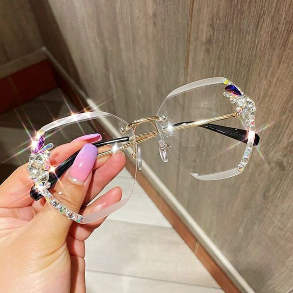 Vintage Rimless Rhinestone Sunglasses Gradient Lens Sun Glasses Shades