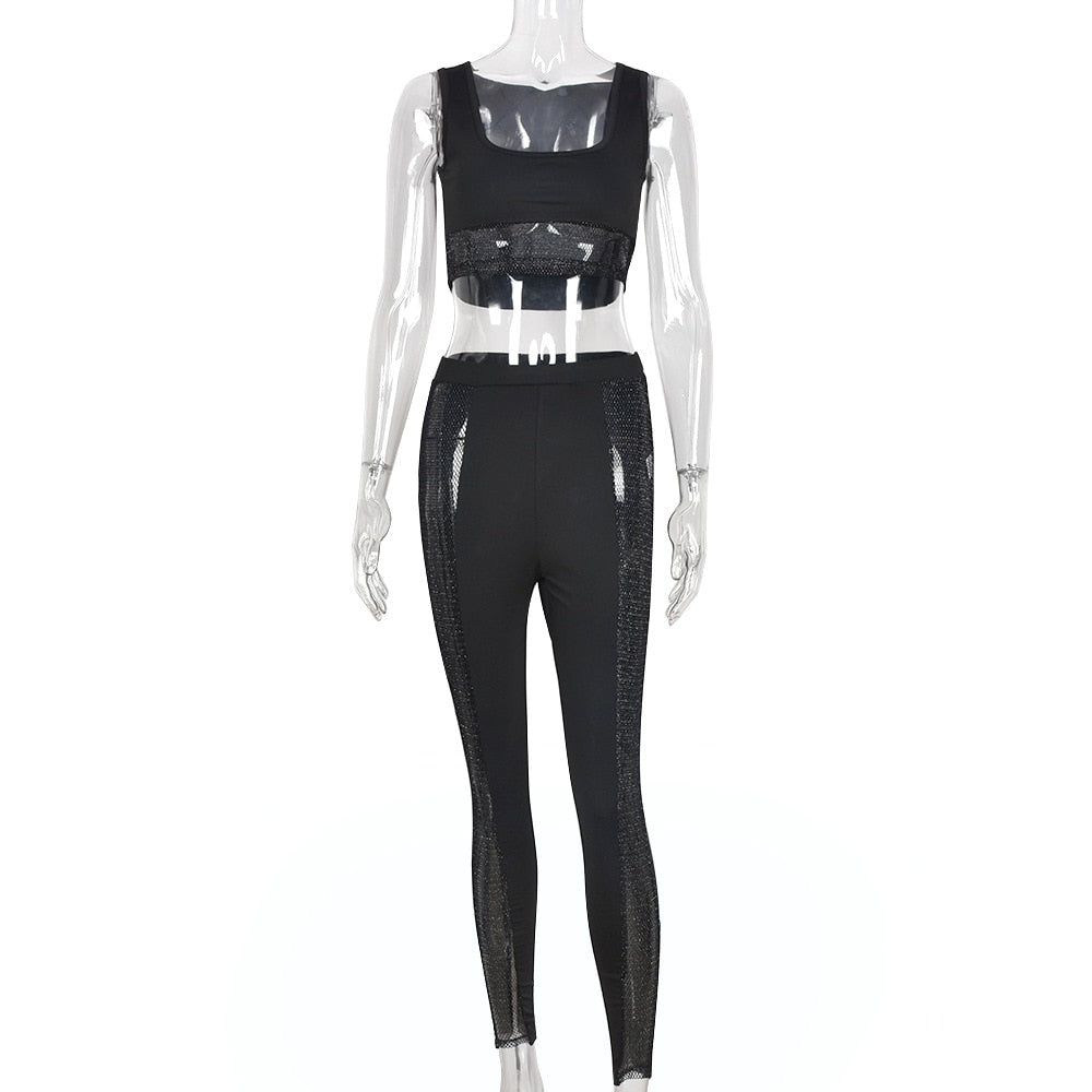 ANJAMANOR Black Mesh Two Piece Set Crop Top and Pants Club Wear Stage See Through Outfits for Women Matching Sets D82-CA23