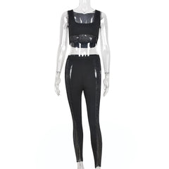 ANJAMANOR Black Mesh Two Piece Set Crop Top and Pants Club Wear Stage See Through Outfits for Women Matching Sets D82-CA23