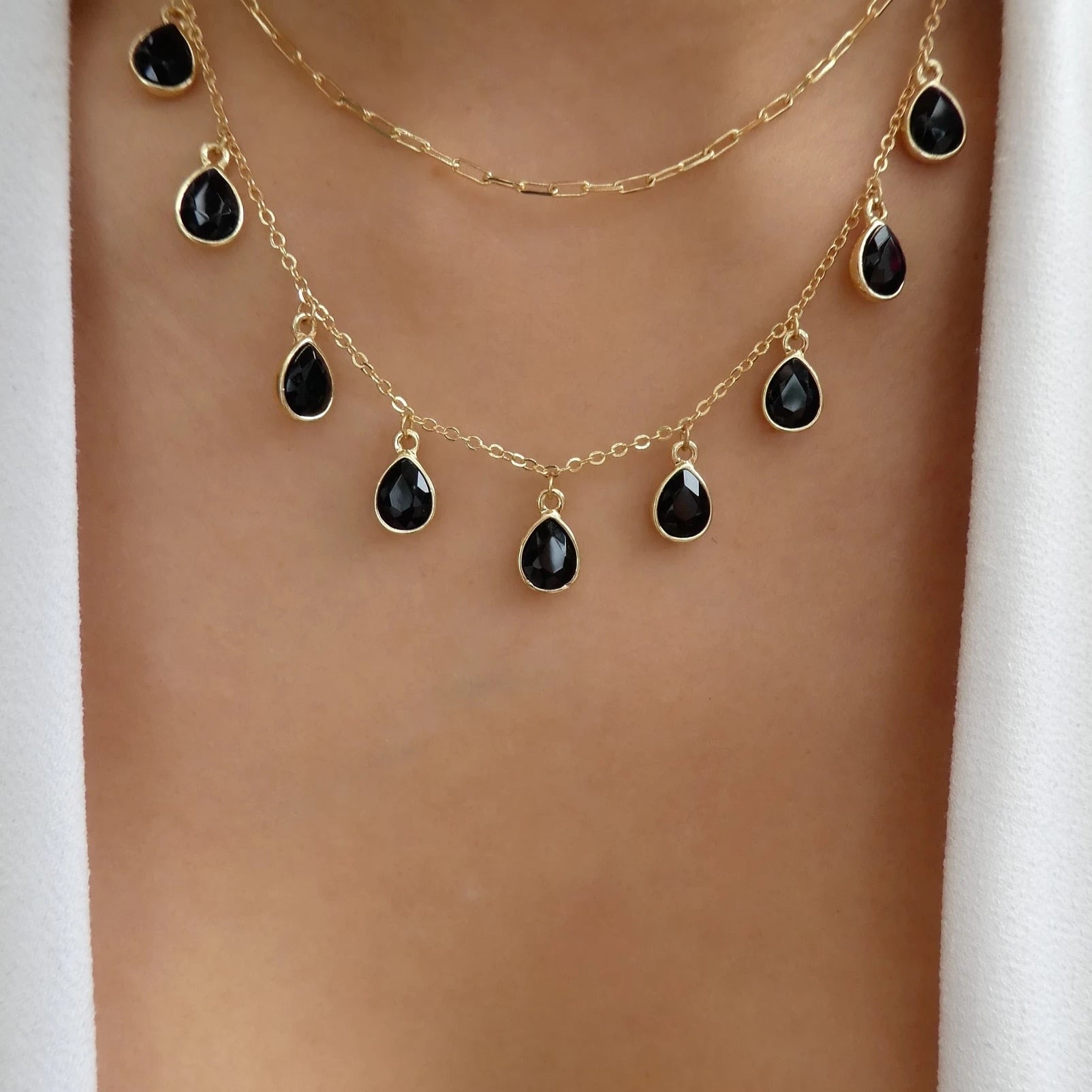 Multilayered Green Stone Water Drop Alloy Necklace