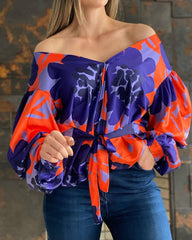 Summer Women Colorblock Lantern Sleeve Tied Detailed Top 2021 Femme Solid Off Shoulder y2k Blouse Office Lady Clothing Tunic