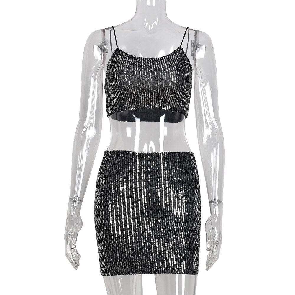 Sexy Glitter Two Piece Set Women Sequins Cropped Camisole Tank Top + High Waist Skirts Outfits 2022 New Year Party Clubwear