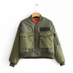 Green short jackets women fashion long sleeve zipper bomber jacket