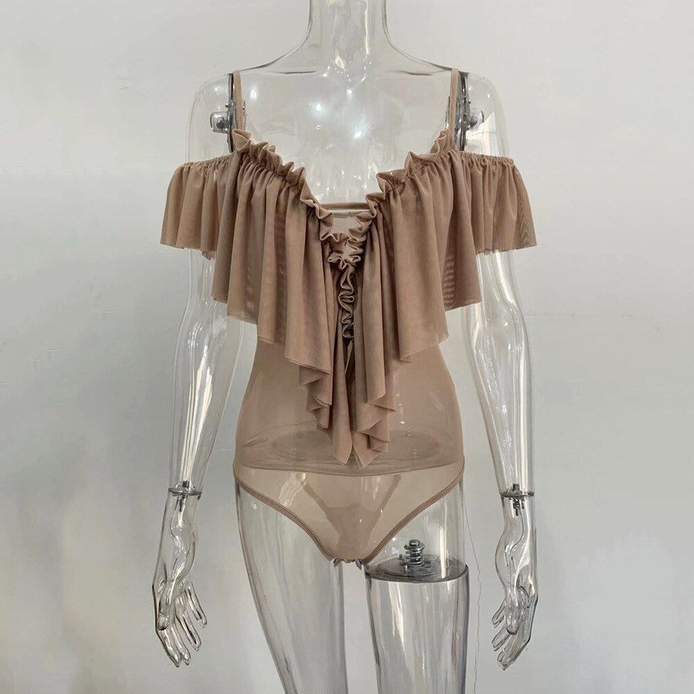 Yimunancy Mesh Bodysuit Women Perspective 2020 Spring Off Shoulder Skinny Bodysuit Ladies Ruffle Sexy Bodysuit Summer Overalls
