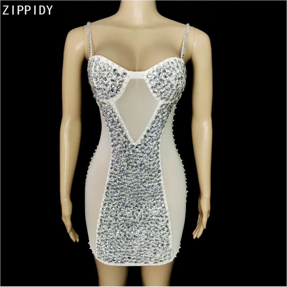 Glisten Pearls Silver Stones Mesh Dress Women Singer Stage Wear Transparent Evening Birthday Party Sexy Short Dress