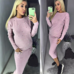 Women Two Piece Warm Set O-Neck Pearl Beading Knitted Pullover  Pencil Skirt Women Elegant 2 Piece Suits