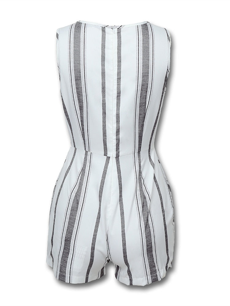 Jeana Sleeveless Striped Buttoned Design Romper
