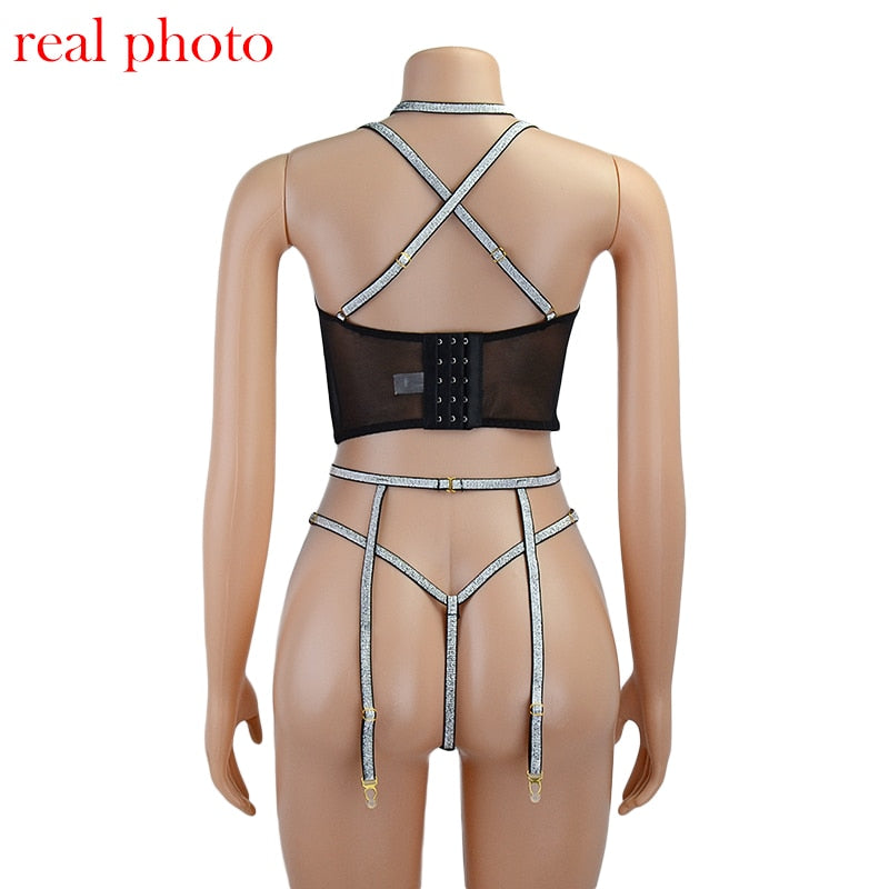 Ellolace Lingerie Sequin Lingerie Set Sexy Push up Bra 3 Piece Set Padded Women&#39;s Underwear Set Bra and Thong Sexy Lingerie