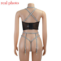 Ellolace Lingerie Sequin Lingerie Set Sexy Push up Bra 3 Piece Set Padded Women&#39;s Underwear Set Bra and Thong Sexy Lingerie