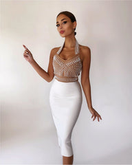 White Black Sexy Off Shoulder Sleeveless Beading Bandage Dress