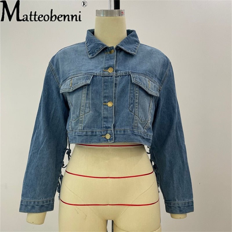 Womens Autumn 2021 New Fit Crop Tops Back Grid Tassel Design Long Sleeve Jean Coat Ladies Casual Street Plus Size Denim Jacket