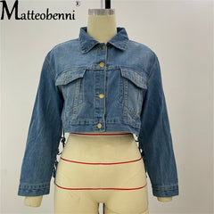 Womens Autumn 2021 New Fit Crop Tops Back Grid Tassel Design Long Sleeve Jean Coat Ladies Casual Street Plus Size Denim Jacket