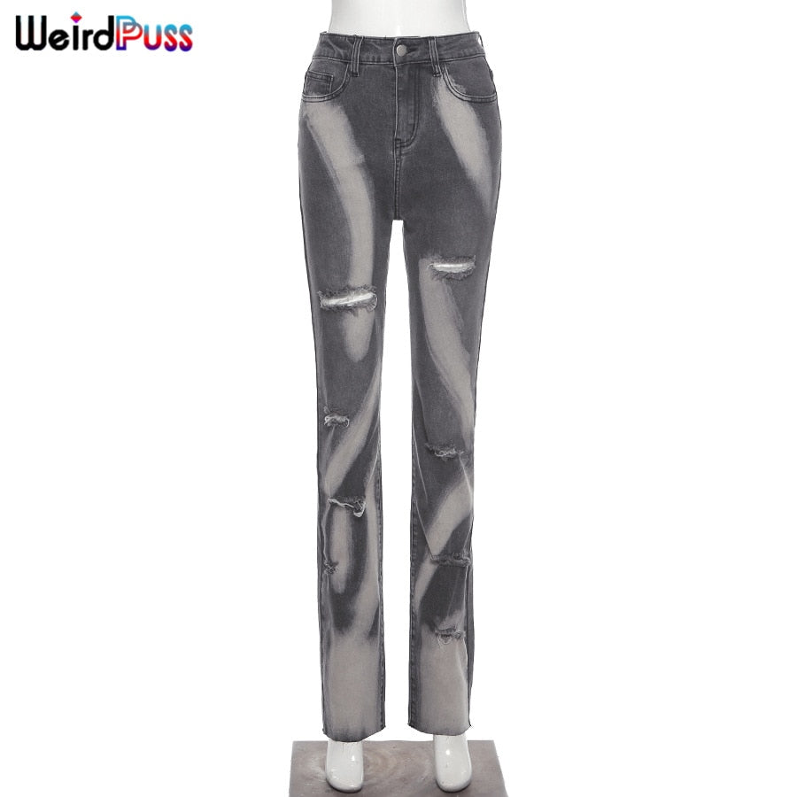 Weird Puss Cotton Hole Jeans Trend Y2K Woman Pants Chic Print Stacked Indie Denim Skinny Elastic Slim Casual Streetwear Trousers
