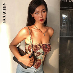 BoozRey Vintage Floral Tube Top Women Sleeveless Beach Club Party Streetwear Girl Chic Backless Crop Top Flower Retro Tank Tops