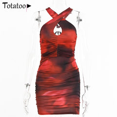 Totatoop Tie Dye Print Sexy Backless Dress Women Sleeveless Bodycon Dresses 2021 Spring Summer Lace Up Skinny Party Vestidos