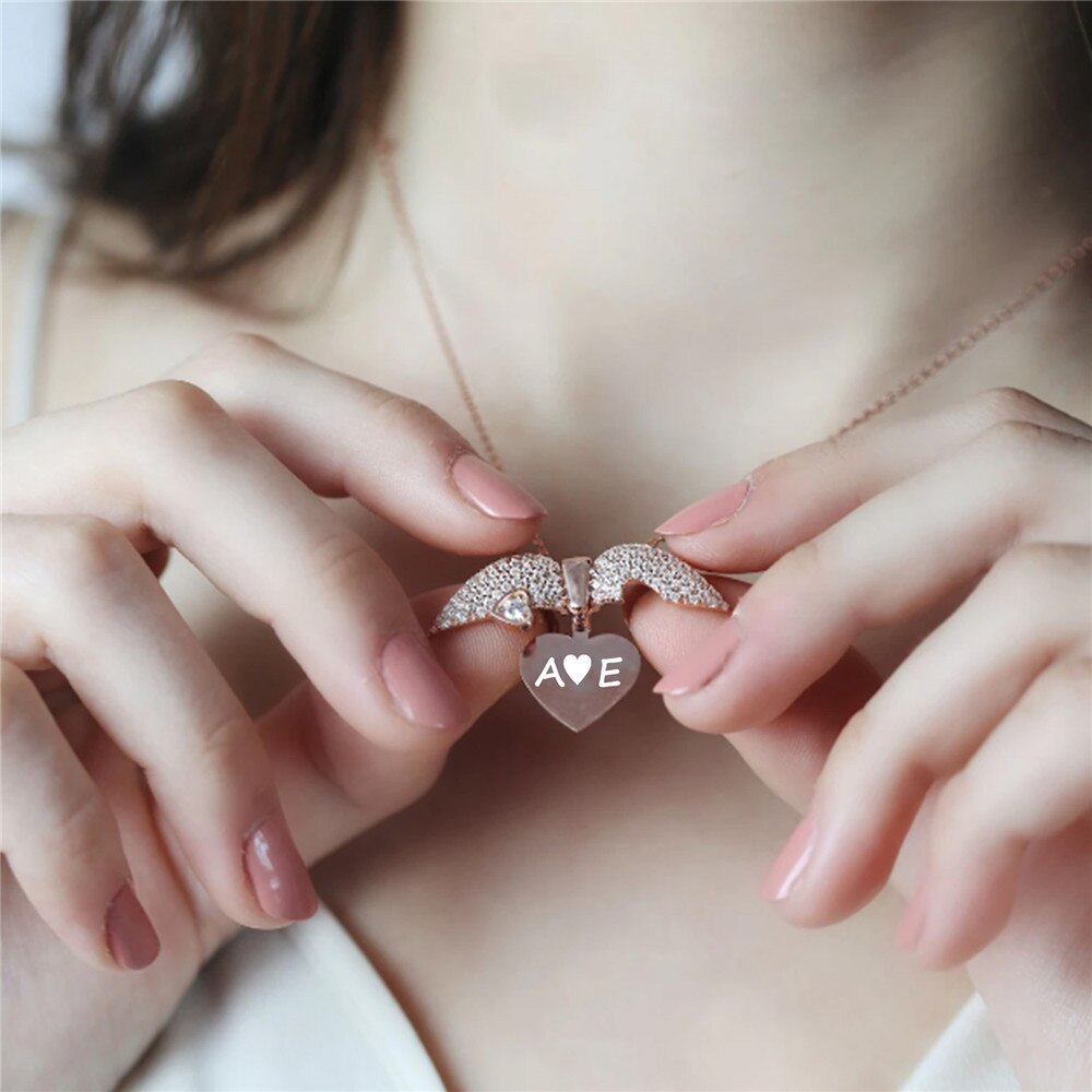 Personalized Women Chain Necklace Custom Engraved Heart Name Openable Heart Crystal Wings Pendant Neklace Valentine Day Gift