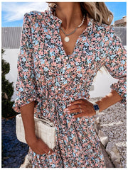 2021 Summer Women Vintage Dress High Waist Ruffle Lady Casual Dress Sexy V-Neck Elegant Floral Printed Puff Sleeve Female Dress