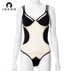 INGOO Spaghetti Strap Sleeveless Bodycon Bodysuit Women Rompers Sexy Party Gauze Patchwork Transparent Skinny Backless Bodysuits
