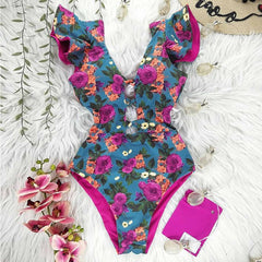 Ruffle Print One Piece Swimsuit Off The Shoulder Solid Deep-V Bathing Suit