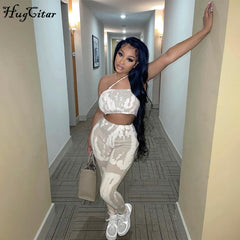 Hugcitar 2021 Sleeveless Slash Neck Ribbed Print Crop Top Pants 2 Pieces Set Bodycon Summer Sexy Women Streetwear Y2K Party