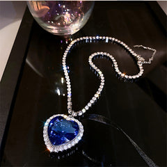 Blue Heart Crystal Necklace Long Chain Pendant Necklace