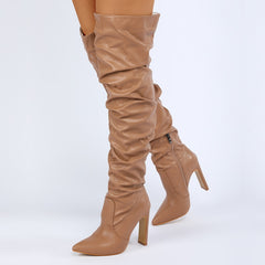 Pleated Thigh High Boots Pointed Toe Zip Stiletto Square Heels Shoes