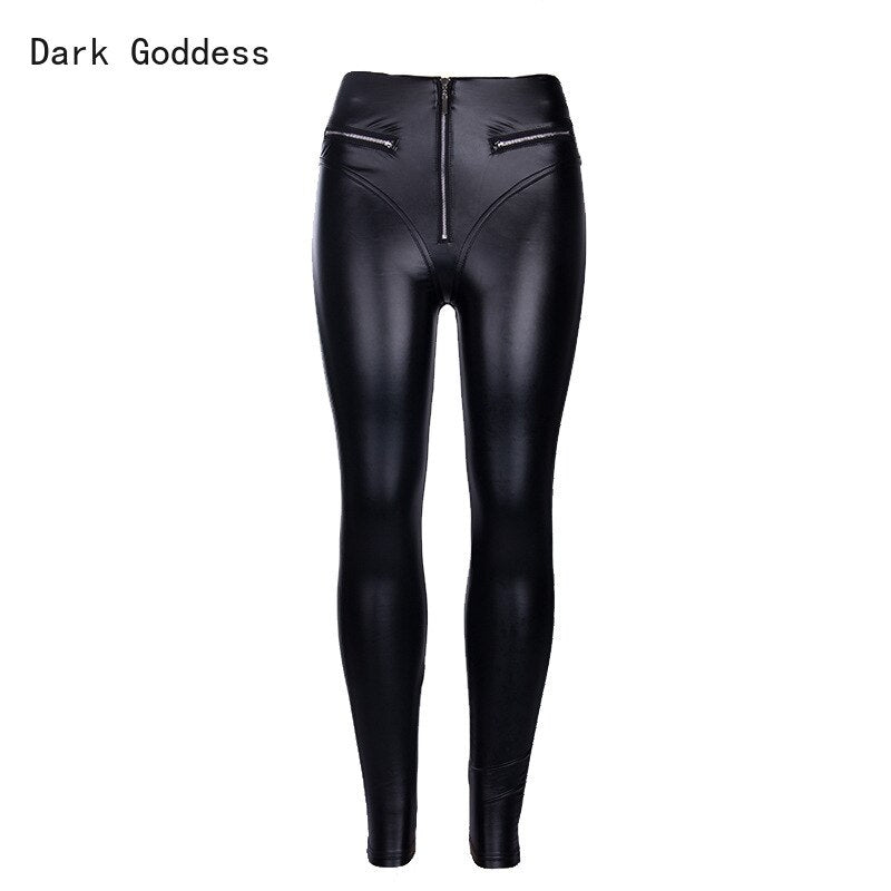 Gothic Punk High Waist Straight Leg Leather Pants Women&#39;s Tights PU Leather Pants Sexy Tight Black Pants Zipper Motorcycle Pants