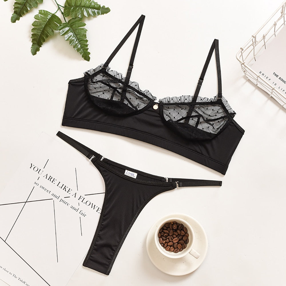 Ellolace Ruffle Lace Lingerie Sexy Women&#39;s Underwear Transparent Short Skin Care Kits Sexy Lace Bra Brief Sets Erotic Intimate