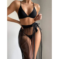 bikini Solid swimwear female String knot 3 pieces set