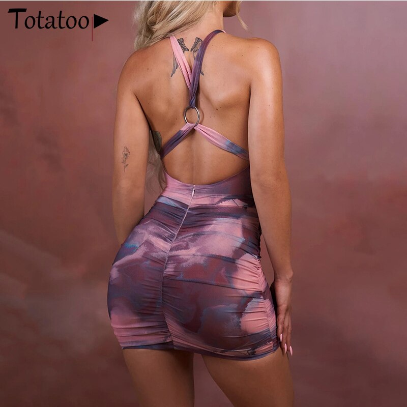 Totatoop Tie Dye Print Sexy Backless Dress Women Sleeveless Bodycon Dresses 2021 Spring Summer Lace Up Skinny Party Vestidos