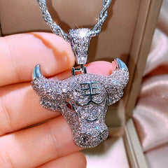 Men Hip Hop Fashion Full Rhinestone Bull Head Pendant Necklace Sparkling Ice Out Gold Plated Metal Necklace