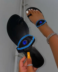 2021 women summer luxury round head set toe flat large size rhinestone gems all-match outdoor beach sandals durable ms slippers