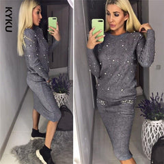 Women Two Piece Warm Set O-Neck Pearl Beading Knitted Pullover  Pencil Skirt Women Elegant 2 Piece Suits