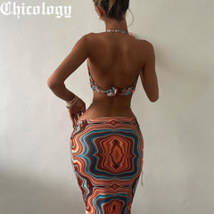 Chicology Women Summer 2021 2 Two Pieces Sets Sexy Tie Dye Print Top High Waist Bodycon Elegant Midi Skirts Wholesale Suits