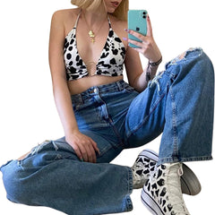 Women&#39;s Sexy Summer Cow Print Crop Tops Y2K V-Neck Sleeveless Sling Halter Vest with Metal Ring for Girls Streetwear