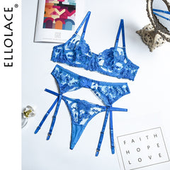 Ellolace Neon Floral Lingerie 3 Piece Set Transparent Underwear Women Push Up Bra With Bone Erotic Lingerie Sensual Lingerie Set